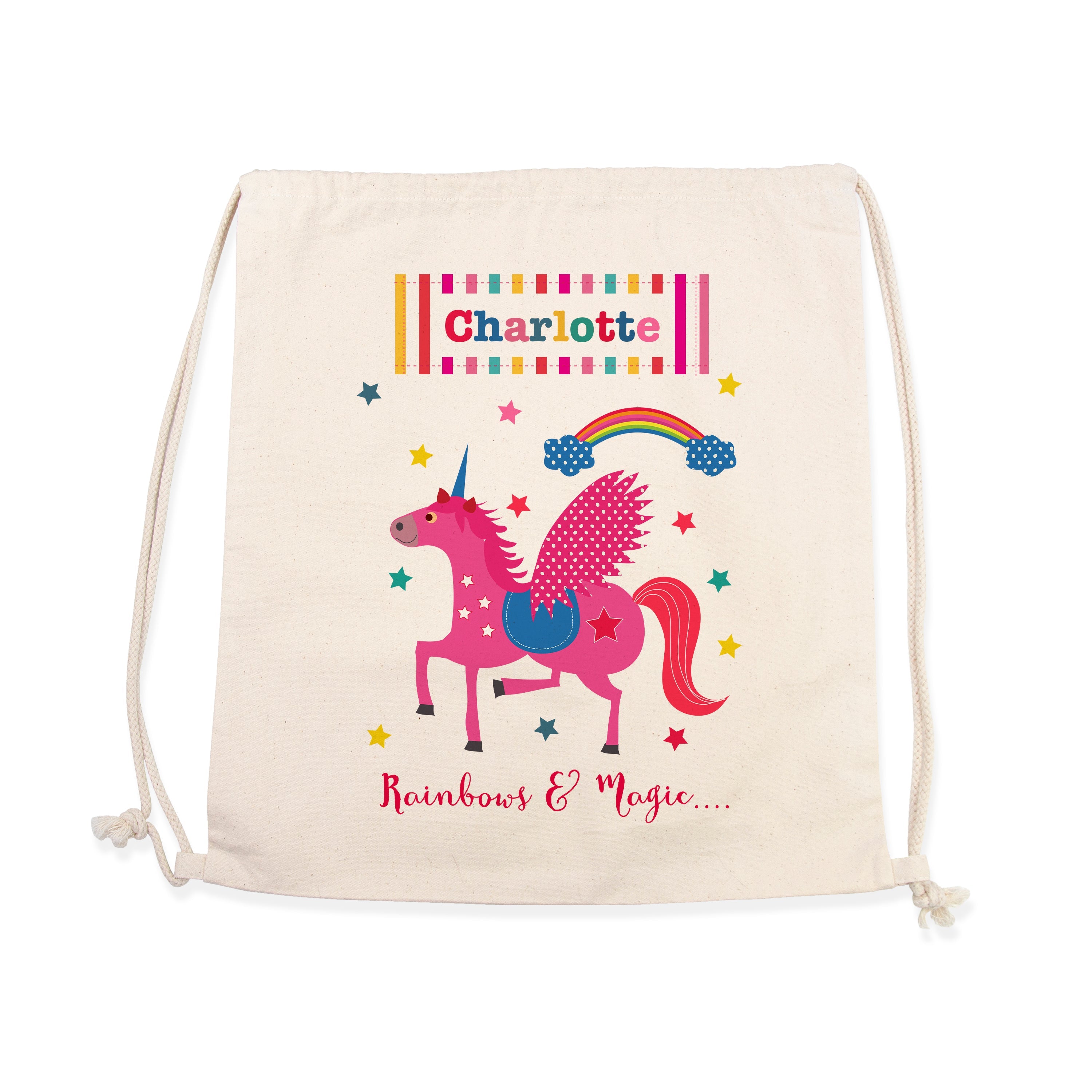 Drawstring bag with a pink unicorn design and text on a white background