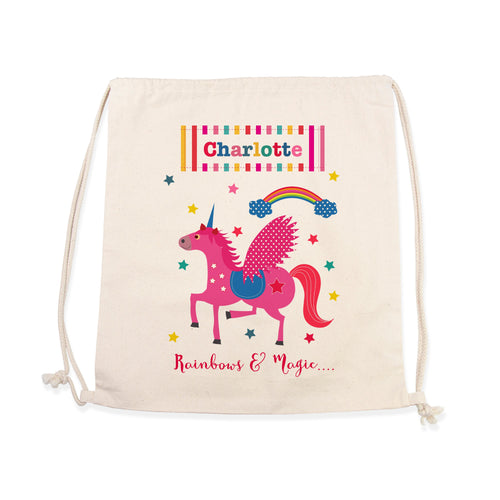 Drawstring bag with a pink unicorn design and text on a white background