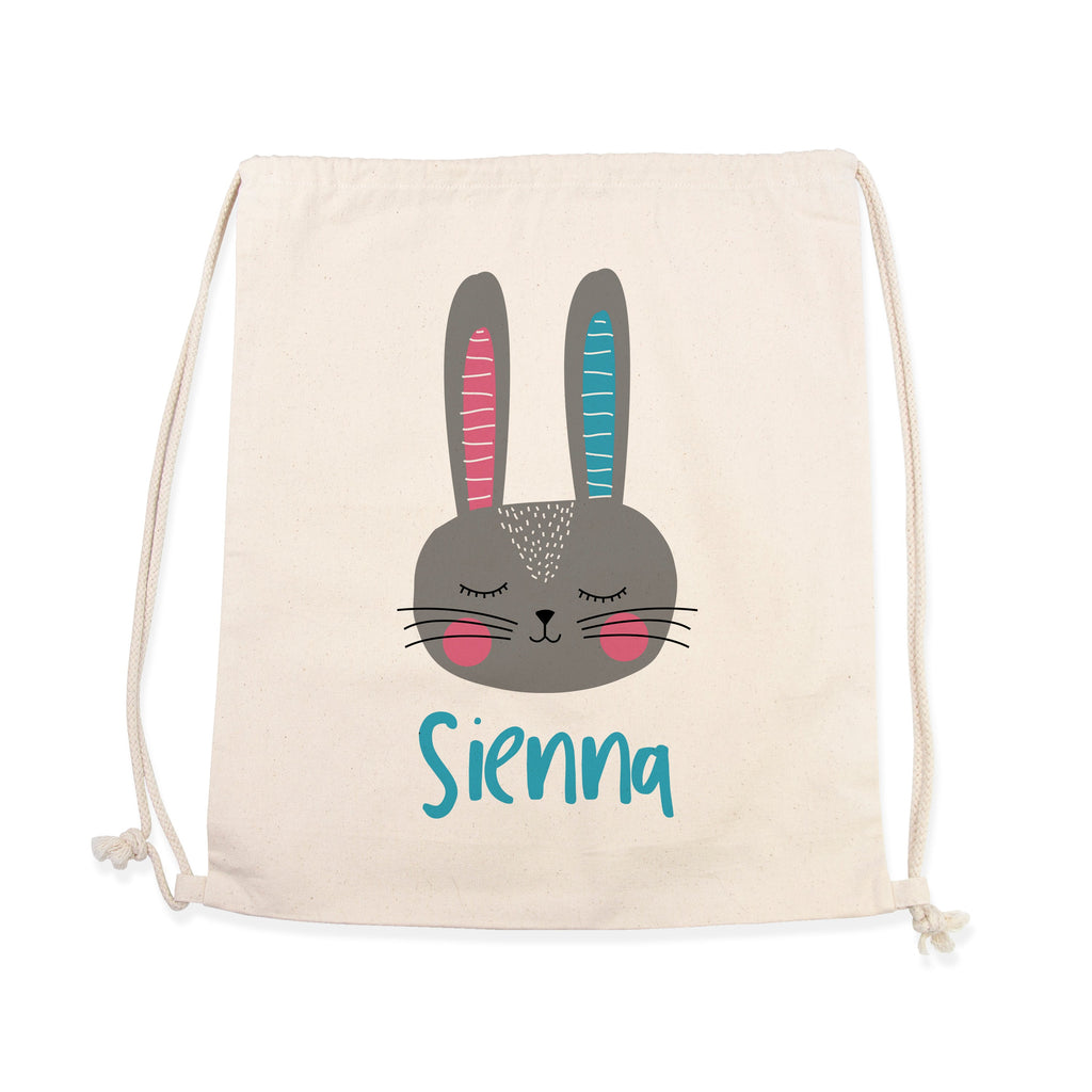 Drawstring bag with a cartoon bunny face and the name 'Sienna' on a white background
