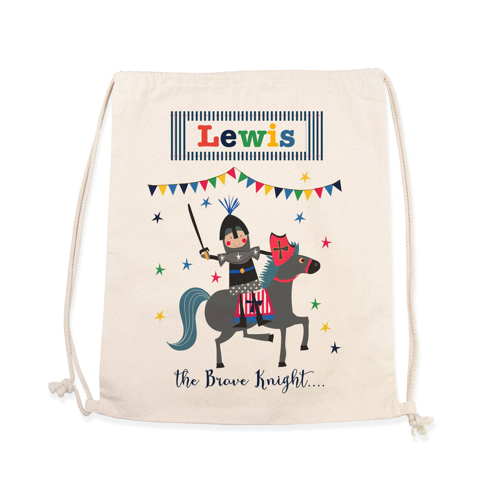 Drawstring bag with a knight and horse design and the name 'Lewis' on a white background