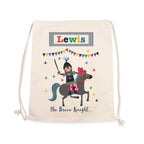 Drawstring bag with a knight and horse design and the name 'Lewis' on a white background