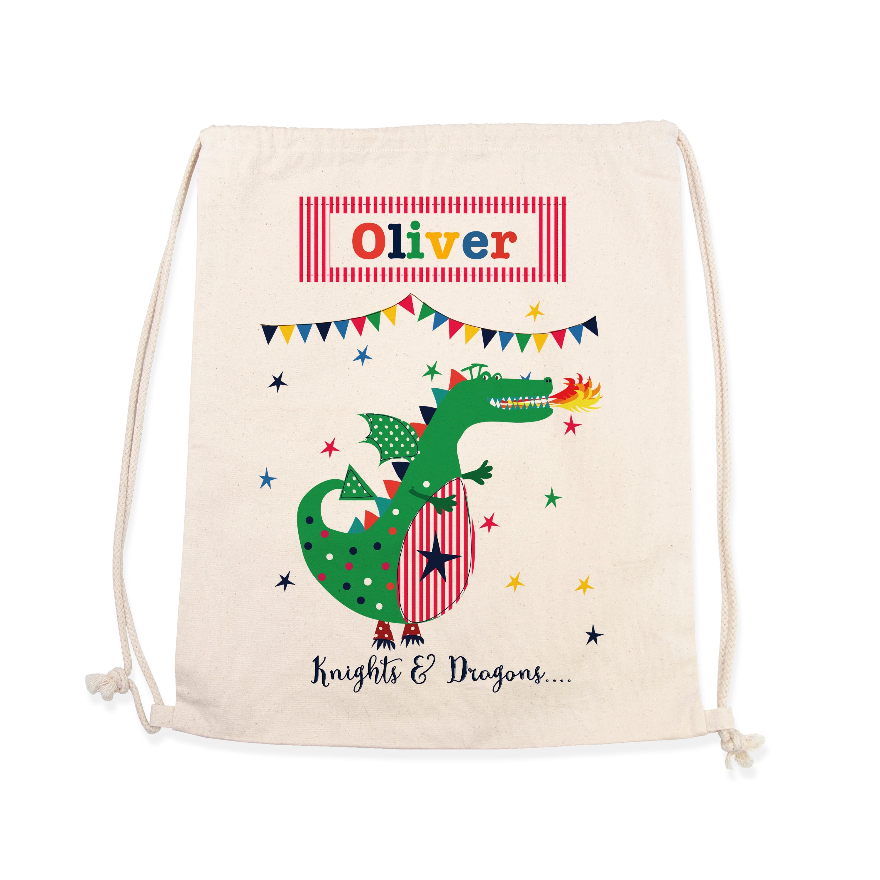 Drawstring bag with a dragon design and the name 'Oliver' on a white background