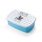 Blue lunch box with a colorful lid featuring a cartoon character and text on a white background