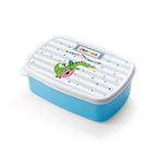 Blue lunch box with a white lid featuring a cartoon character and the name 'Joshua'.
