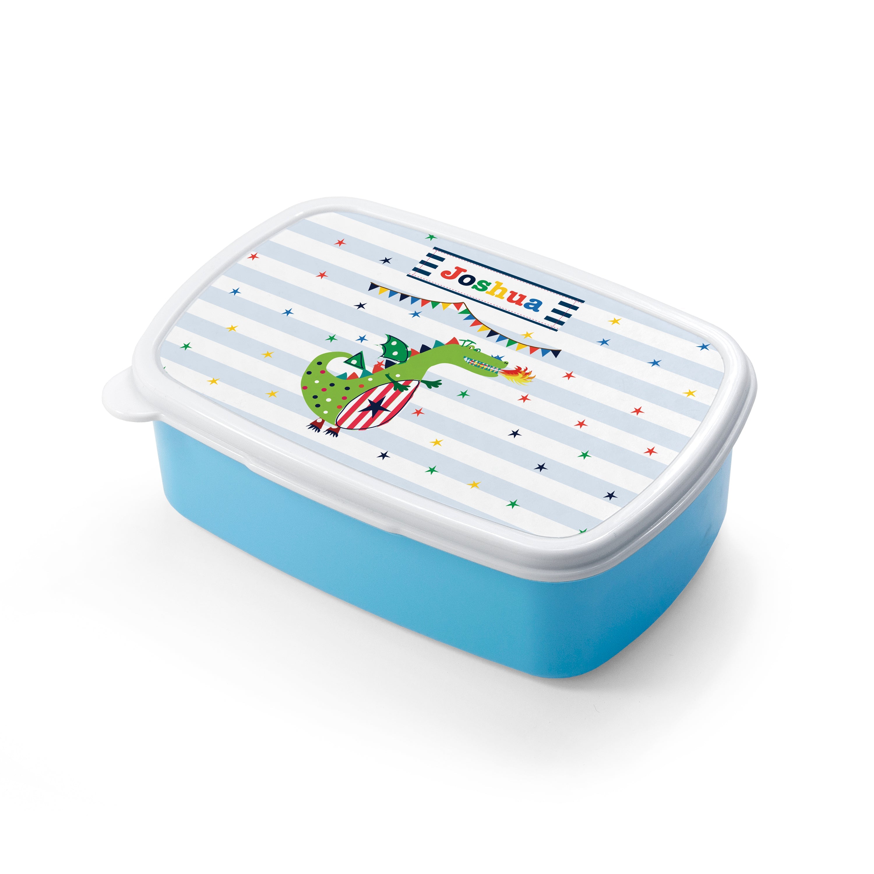 Blue lunch box with a white lid featuring a cartoon character and the name 'Joshua'.