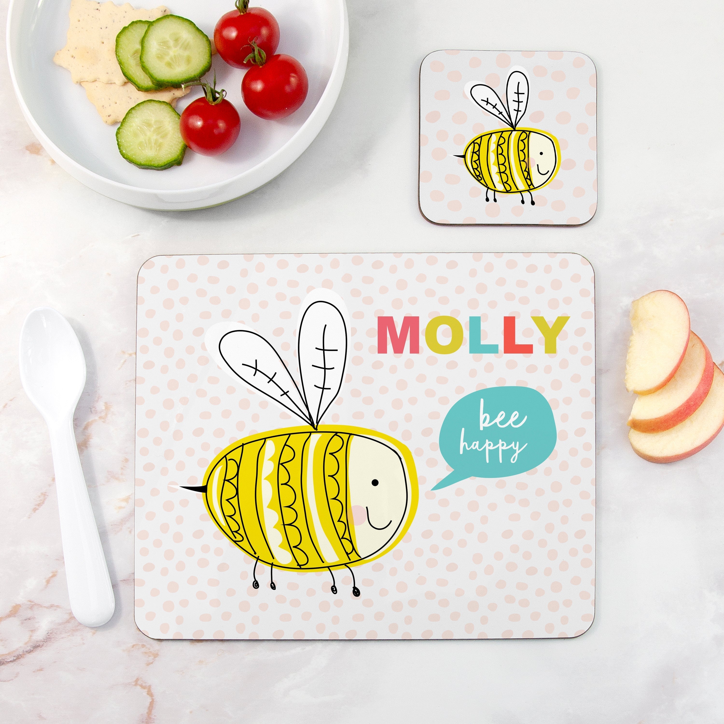 Personalised Kids Bee Happy Placemat and Coaster Set