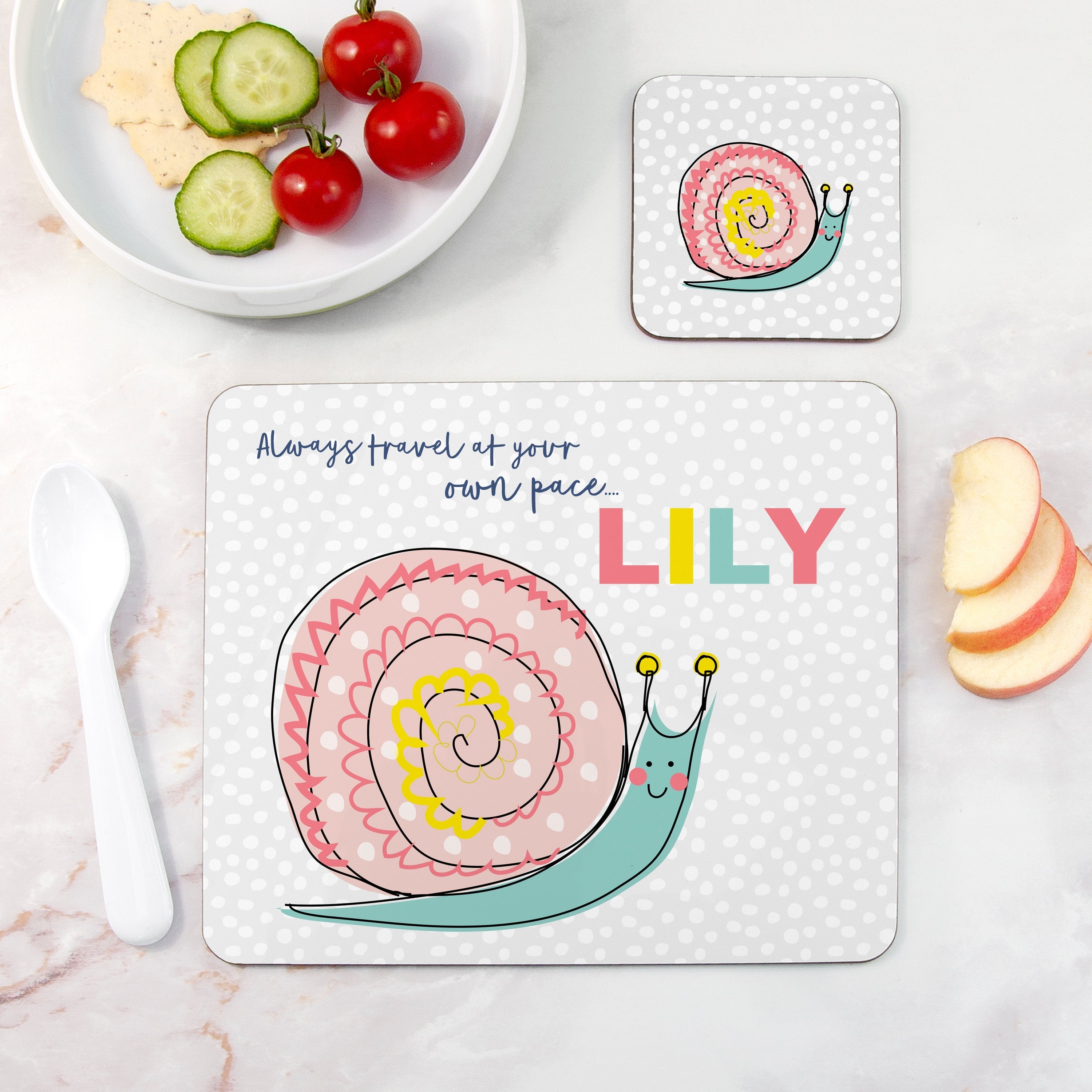 Personalised Kid's Snail Placemat and Coaster Set