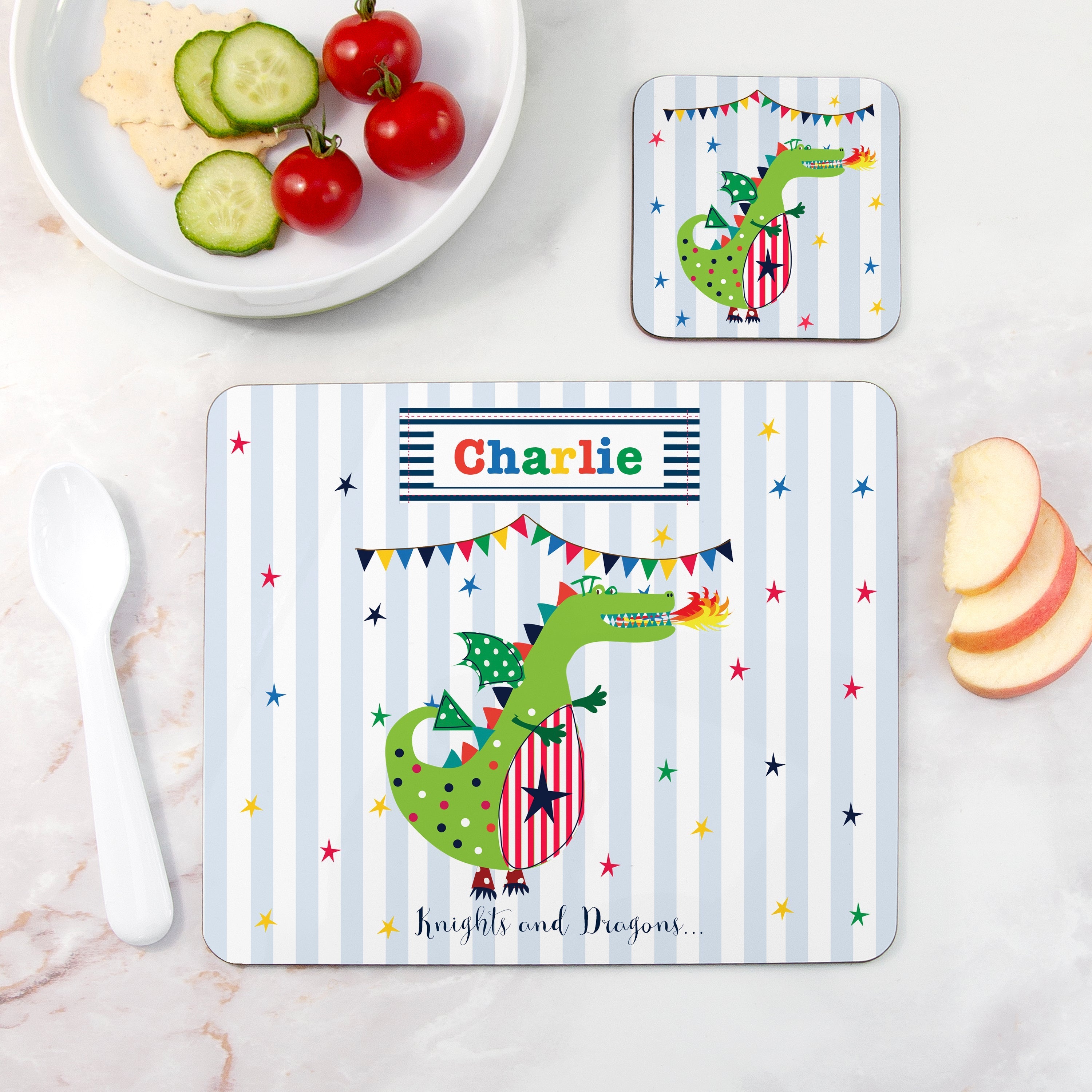 Personalised Kid's Dragon Placemat and Coaster Set