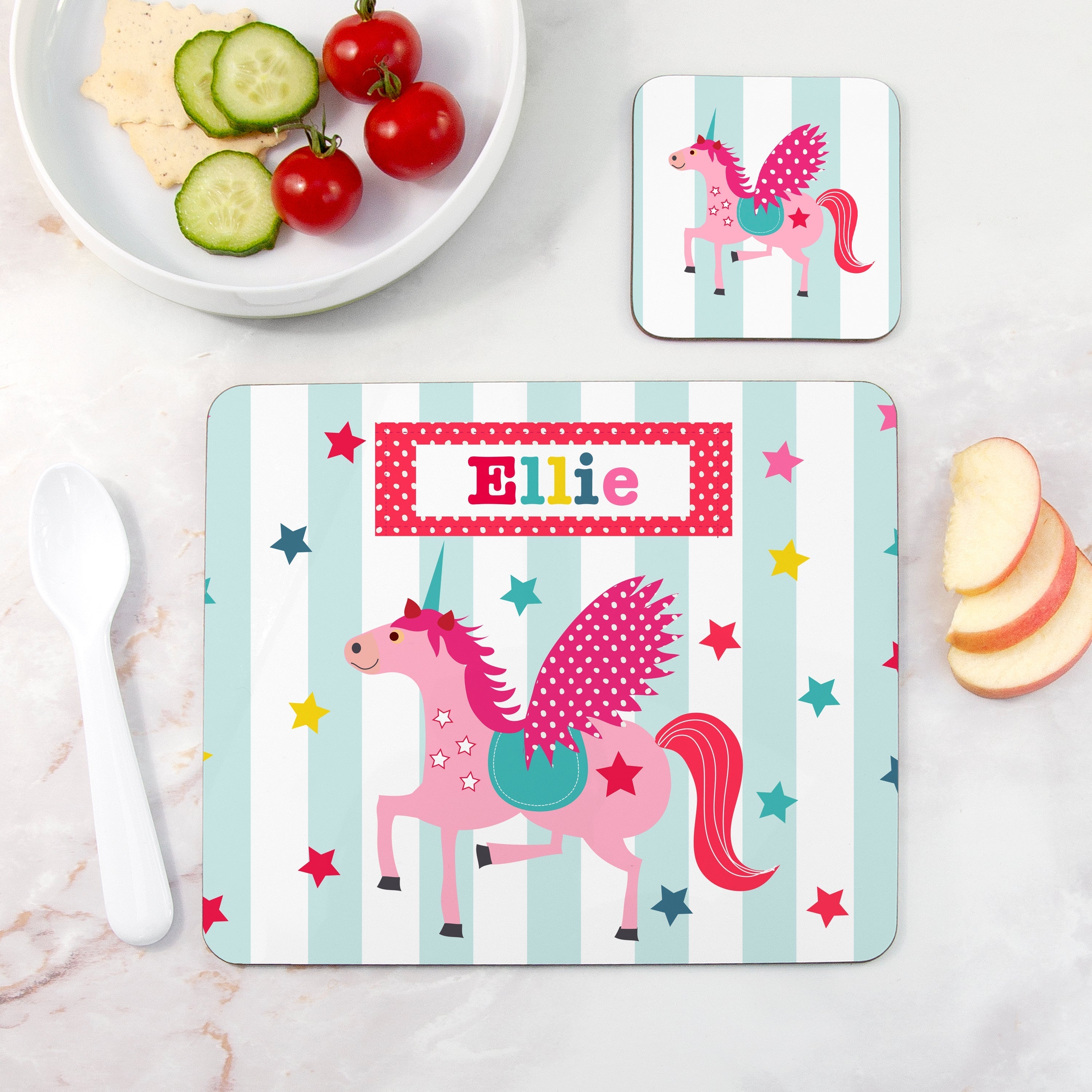 Personalised Kids Magical Unicorn Placemat and Coaster Set