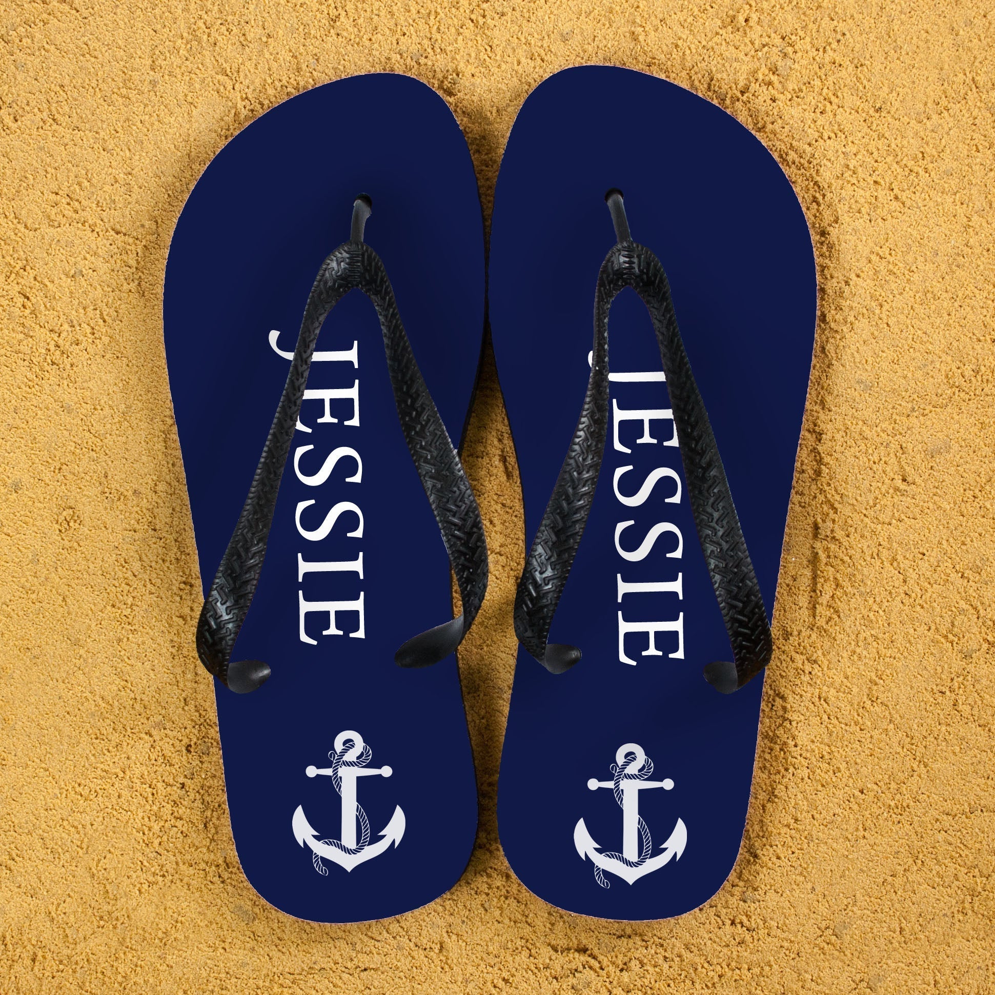 Personalised White Anchor Navy Flip Flops
