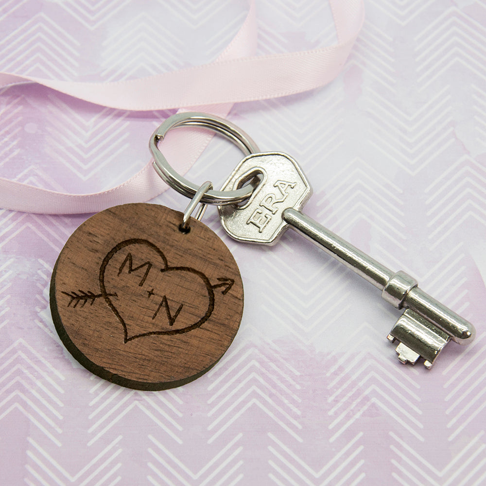 Personalised Carved Tree Round Wooden Keyring with Initials