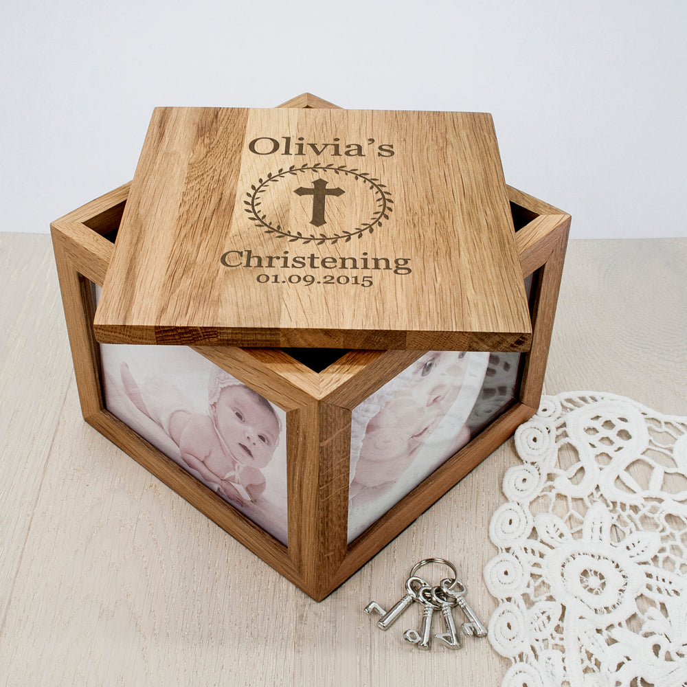 Personalised Christening Cross Oak Photo Keepsake Box
