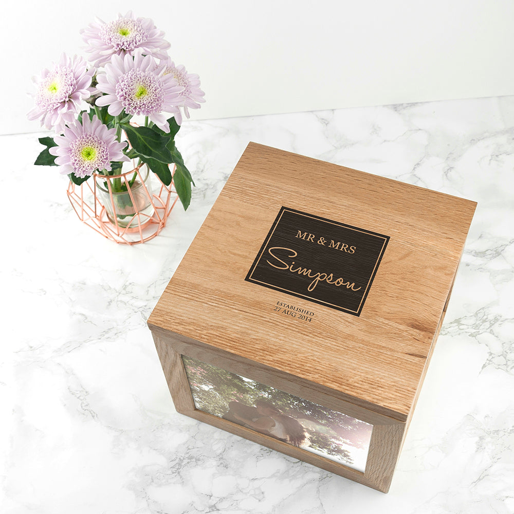 Personalised Contemporary Mr & Mrs Oak Photo Keepsake Box