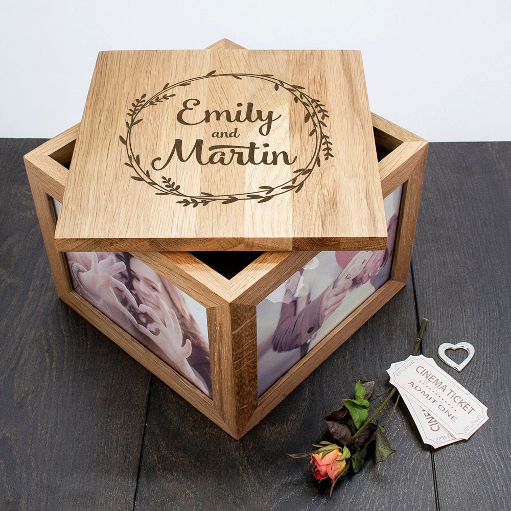 Personalised Couple's Wreath Oak Photo Keepsake Box