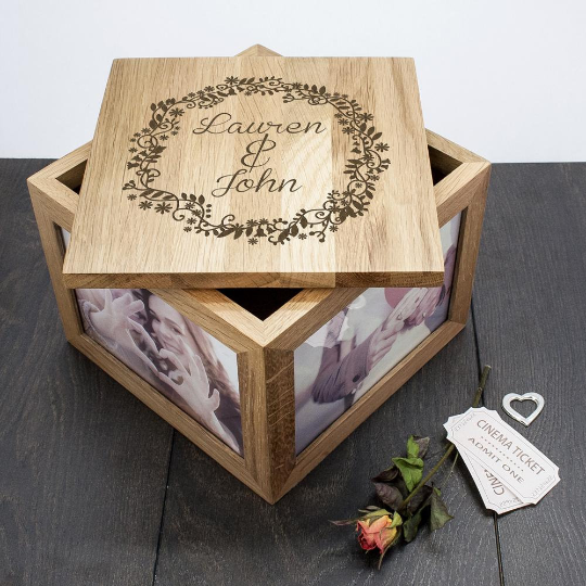 Personalised Couples' Oak Photo Keepsake Box with Floral Frame