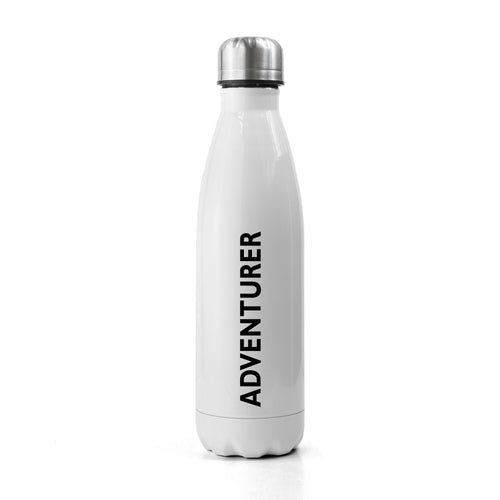 White insulated bottle with 'ADVENTURER' text on a white background