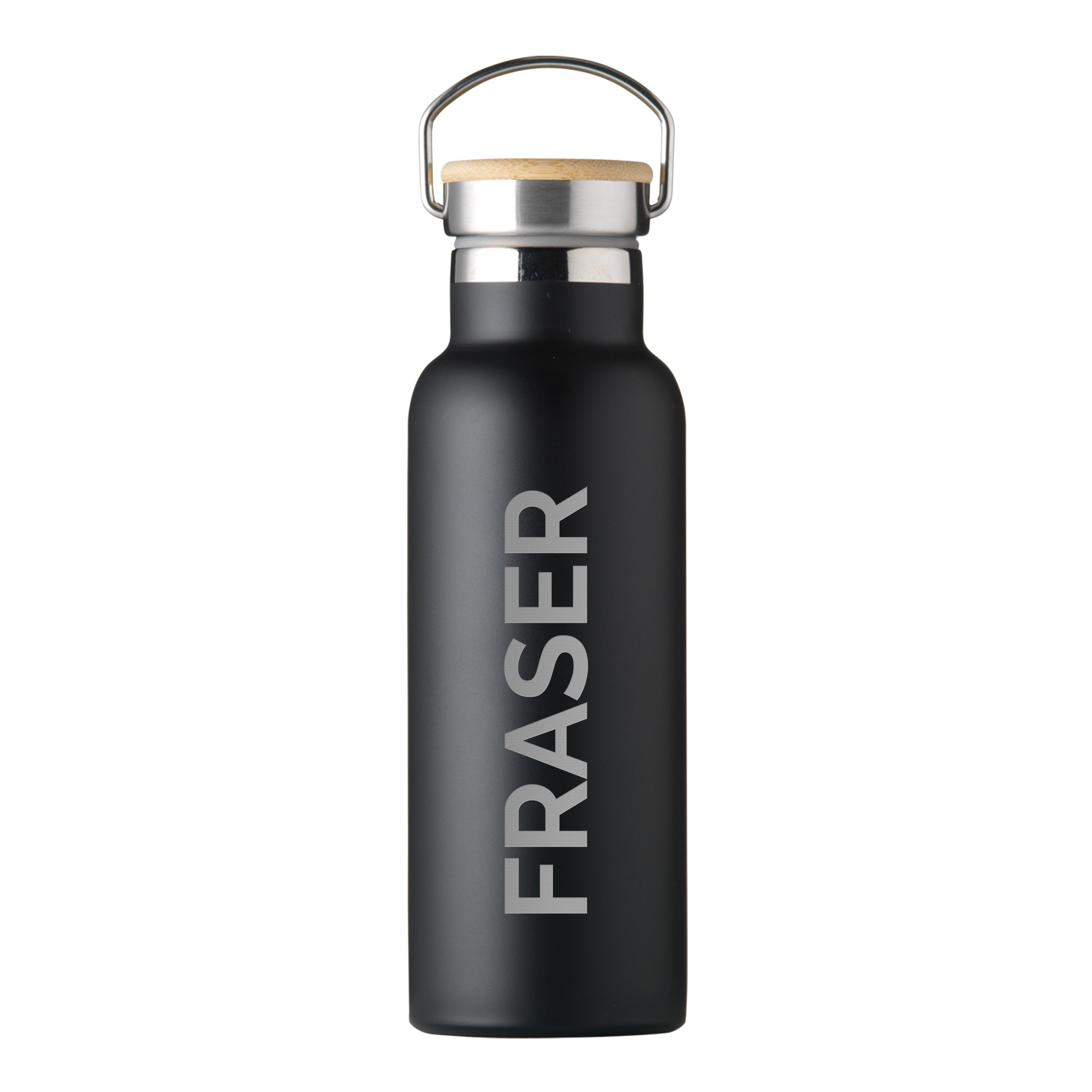 Black water bottle with 'FRASER' branding on a white background
