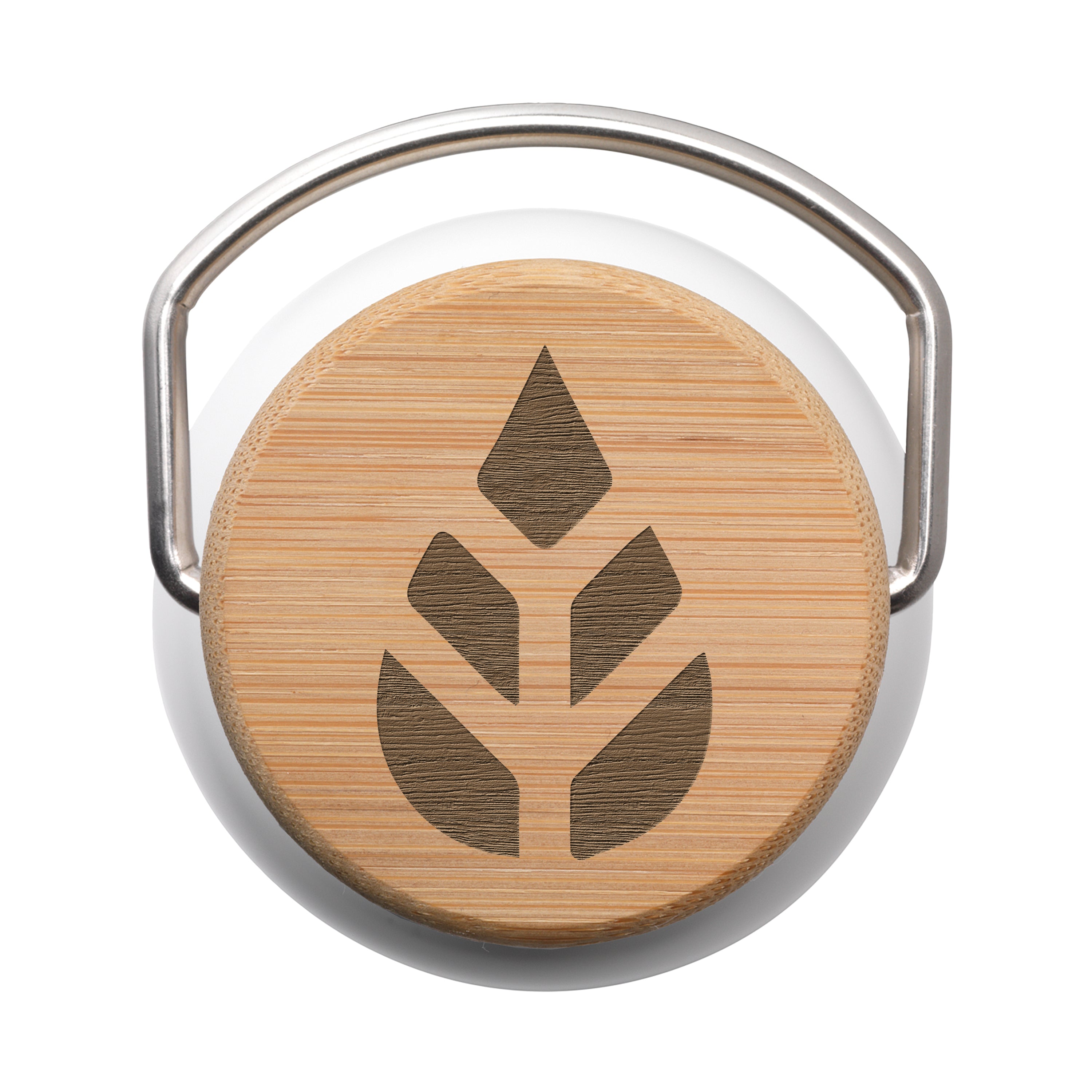 Round bamboo product with a metal handle on a white background