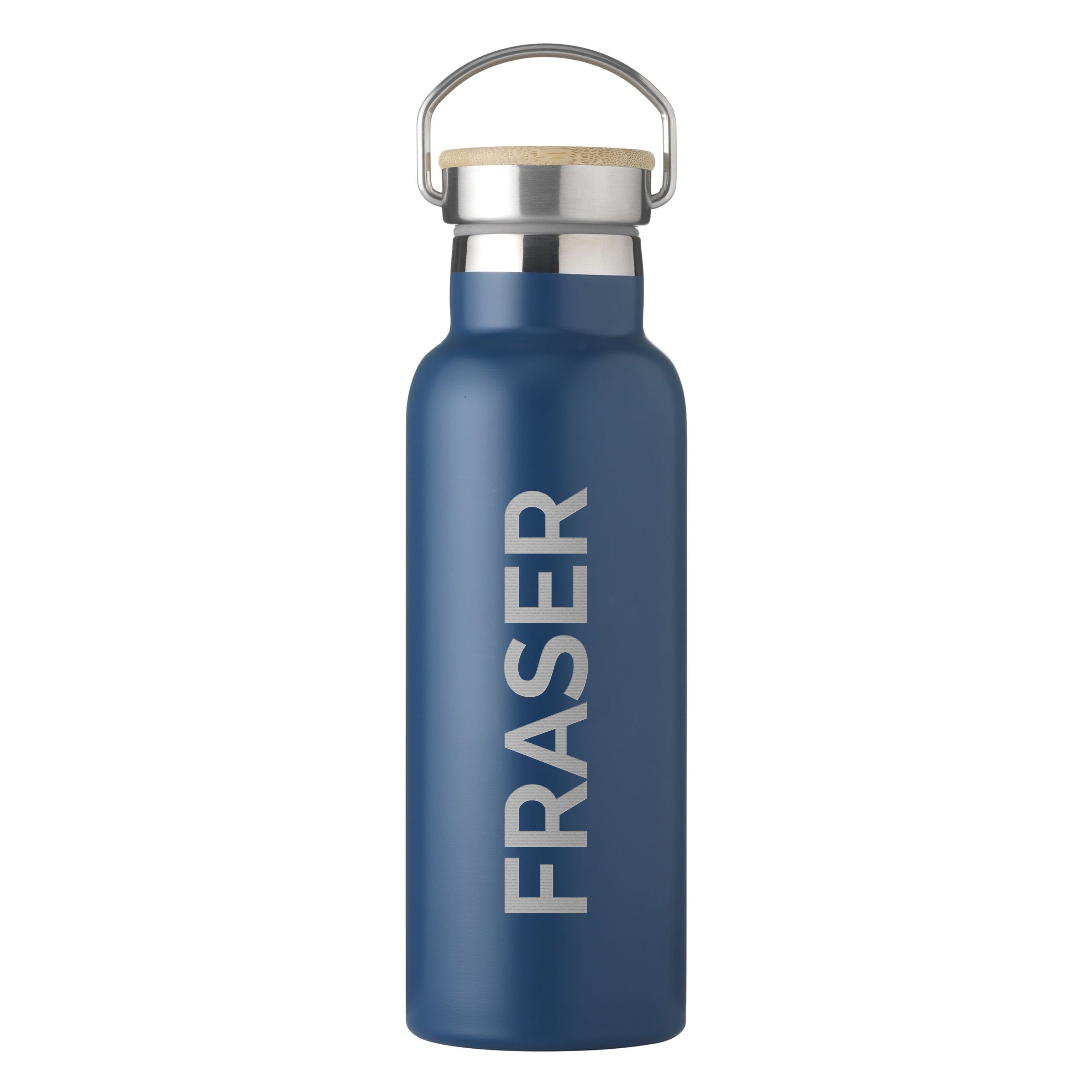 Blue water bottle with 'FRASER' branding on a white background