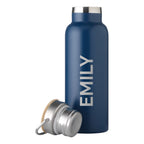 Navy blue water bottle with 'EMILY' engraving on a white background