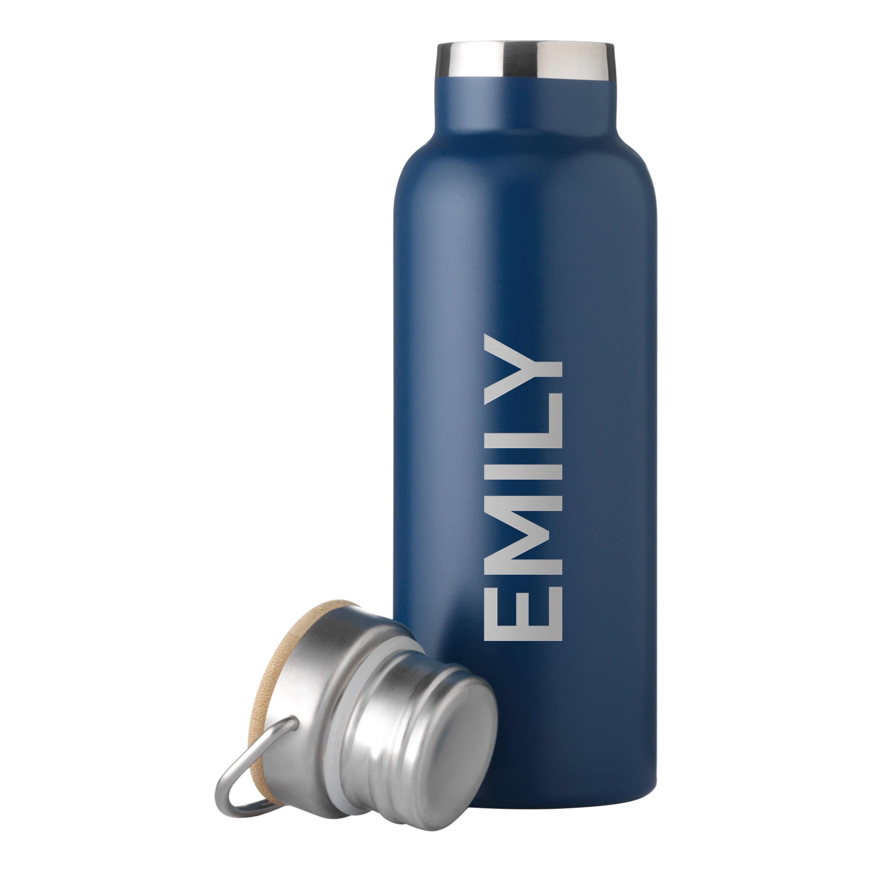 Navy blue water bottle with 'EMILY' engraving on a white background