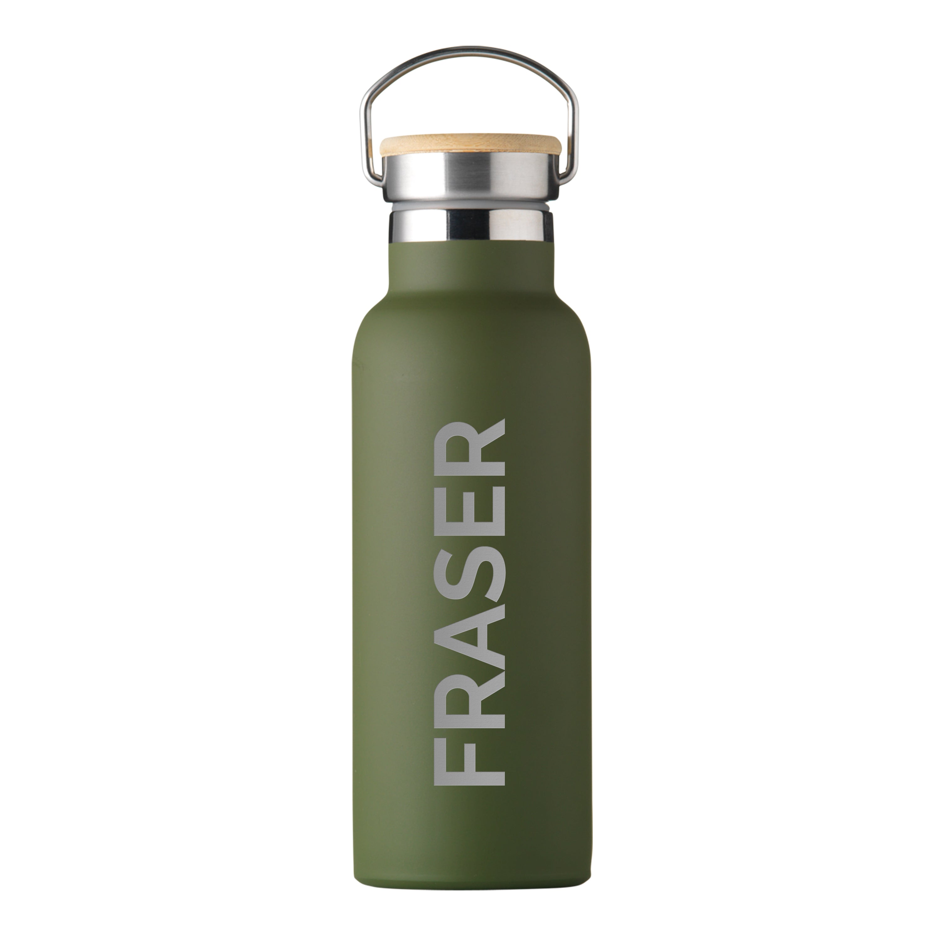 Green water bottle with 'FRASER' branding on a white background
