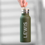 Green water bottle with 'LEWIS' branding on a gray background