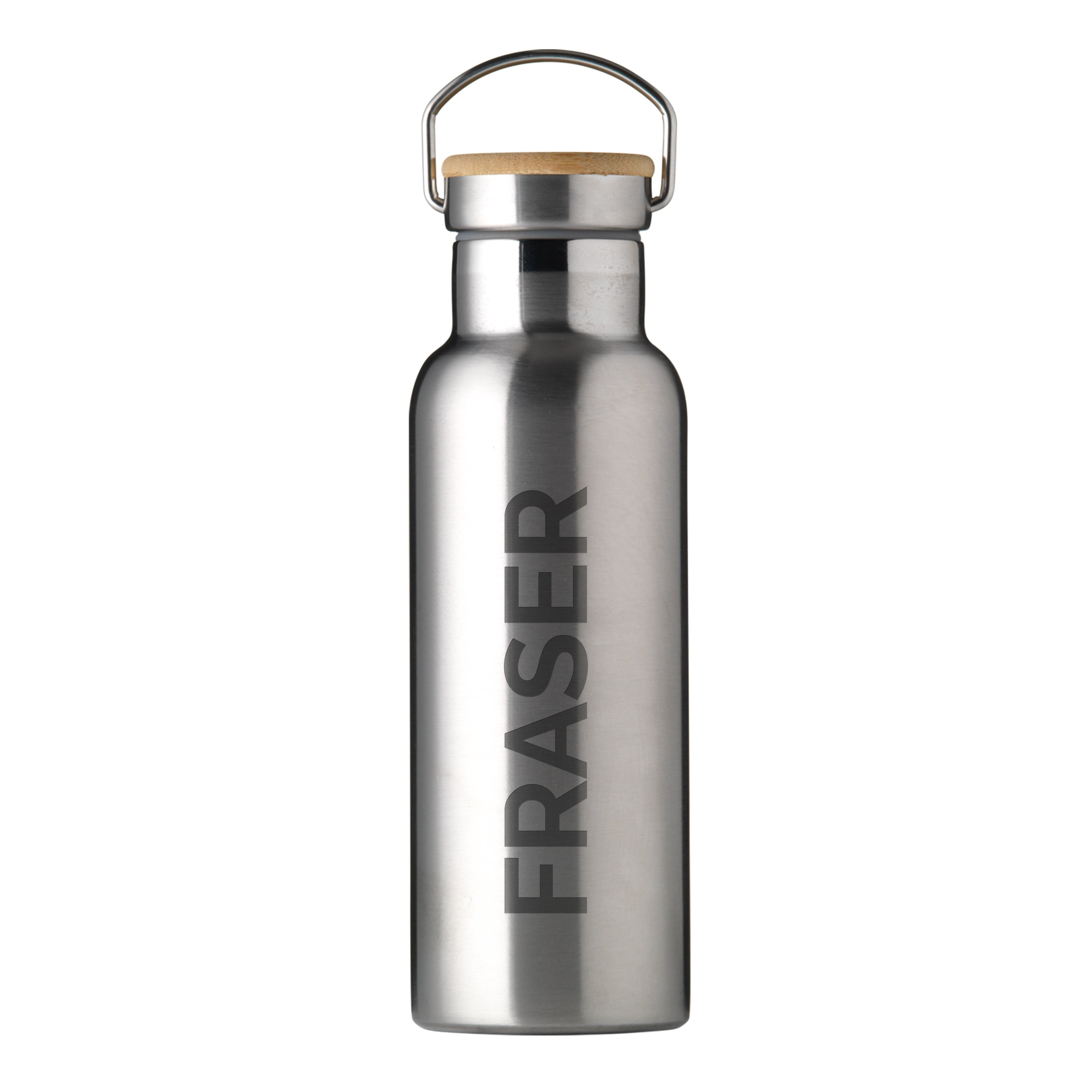 Silver water bottle with wooden cap on a white background