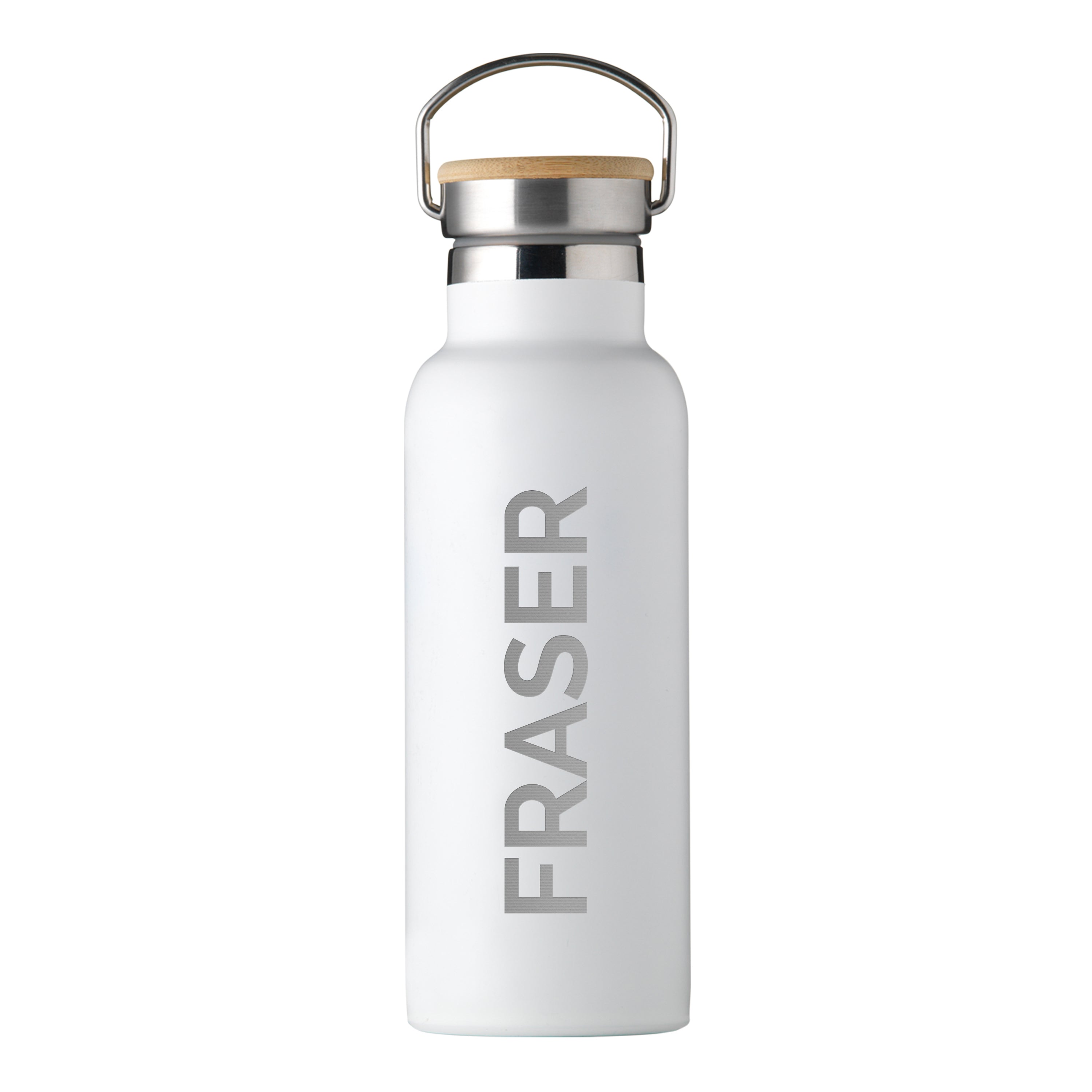 White water bottle with 'FRASER' branding on a white background
