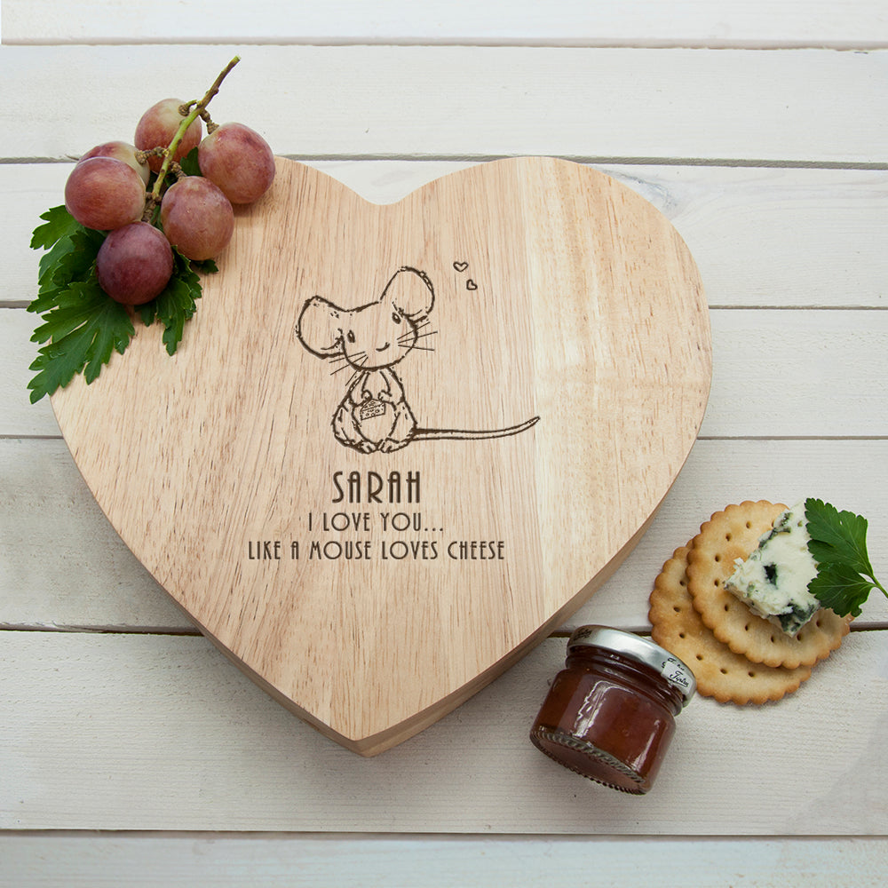 Personalised 'Like A Mouse Loves Cheese' Romantic Heart Cheese Board Set
