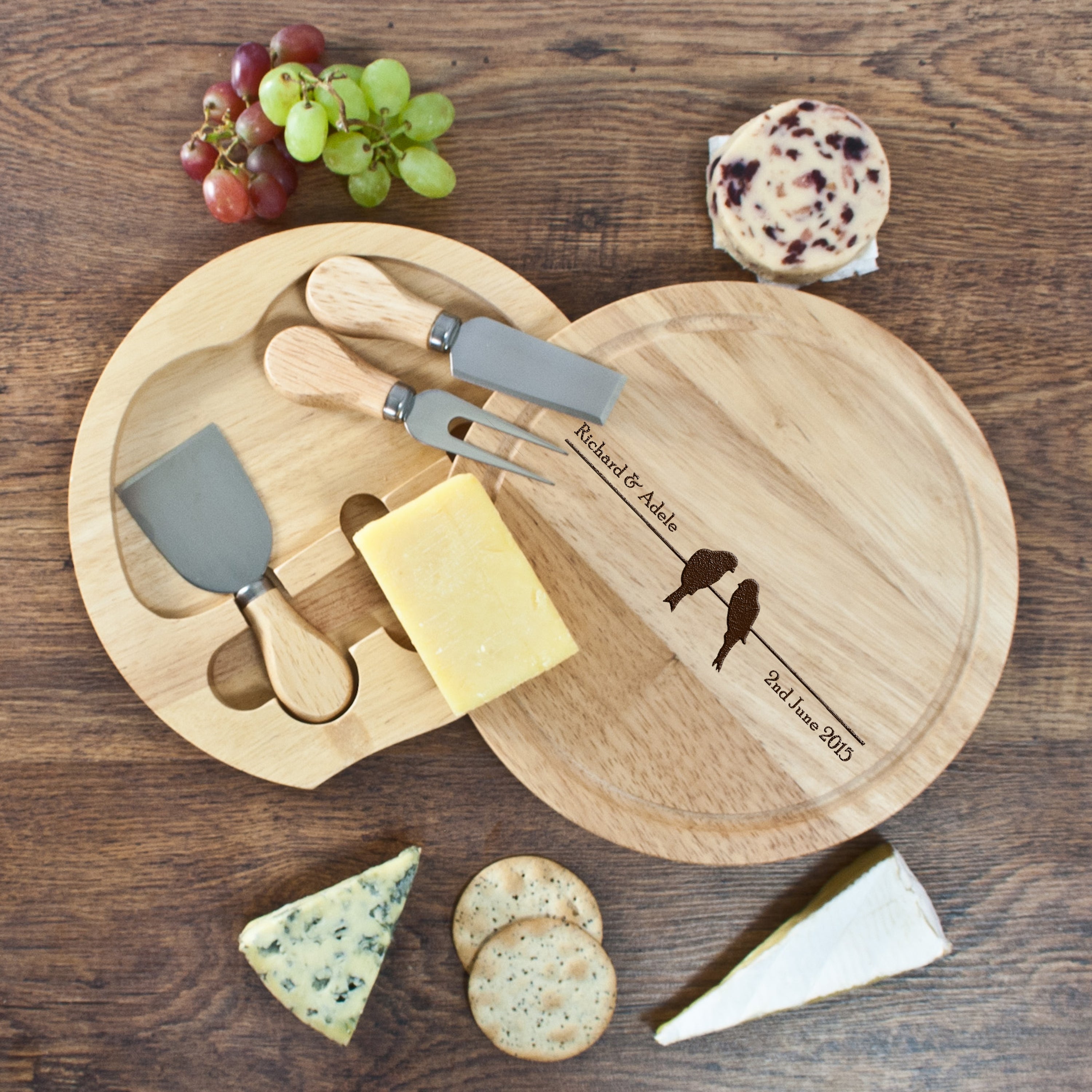 Personalised Love Birds Round Cheese Board Set