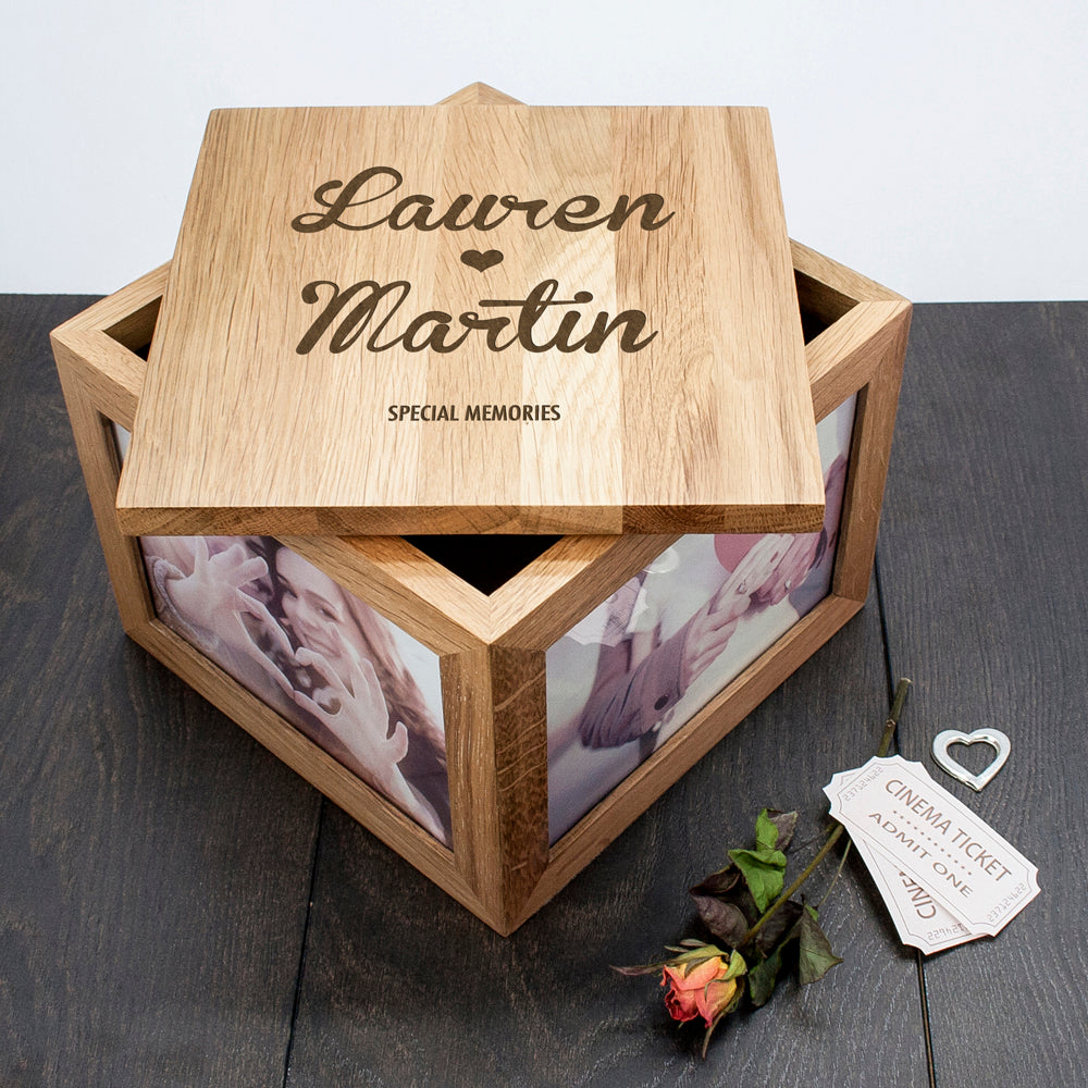 Personalised Couple's Special Memories Oak Photo Cube Keepsake Box