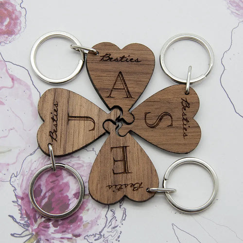 Personalised Besties Lucky Clover Wooden Keyring Set Spesh Gifts