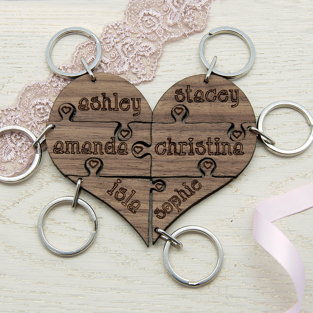 Personalised Bridesmaids Heart Jigsaw Keyring Set