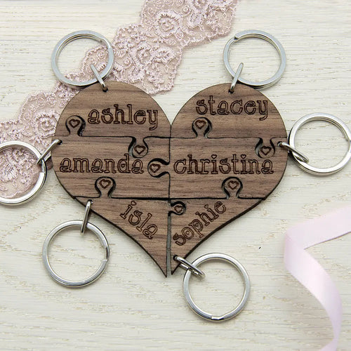 Personalised Bridesmaids Heart Jigsaw Keyring Set Spesh Gifts