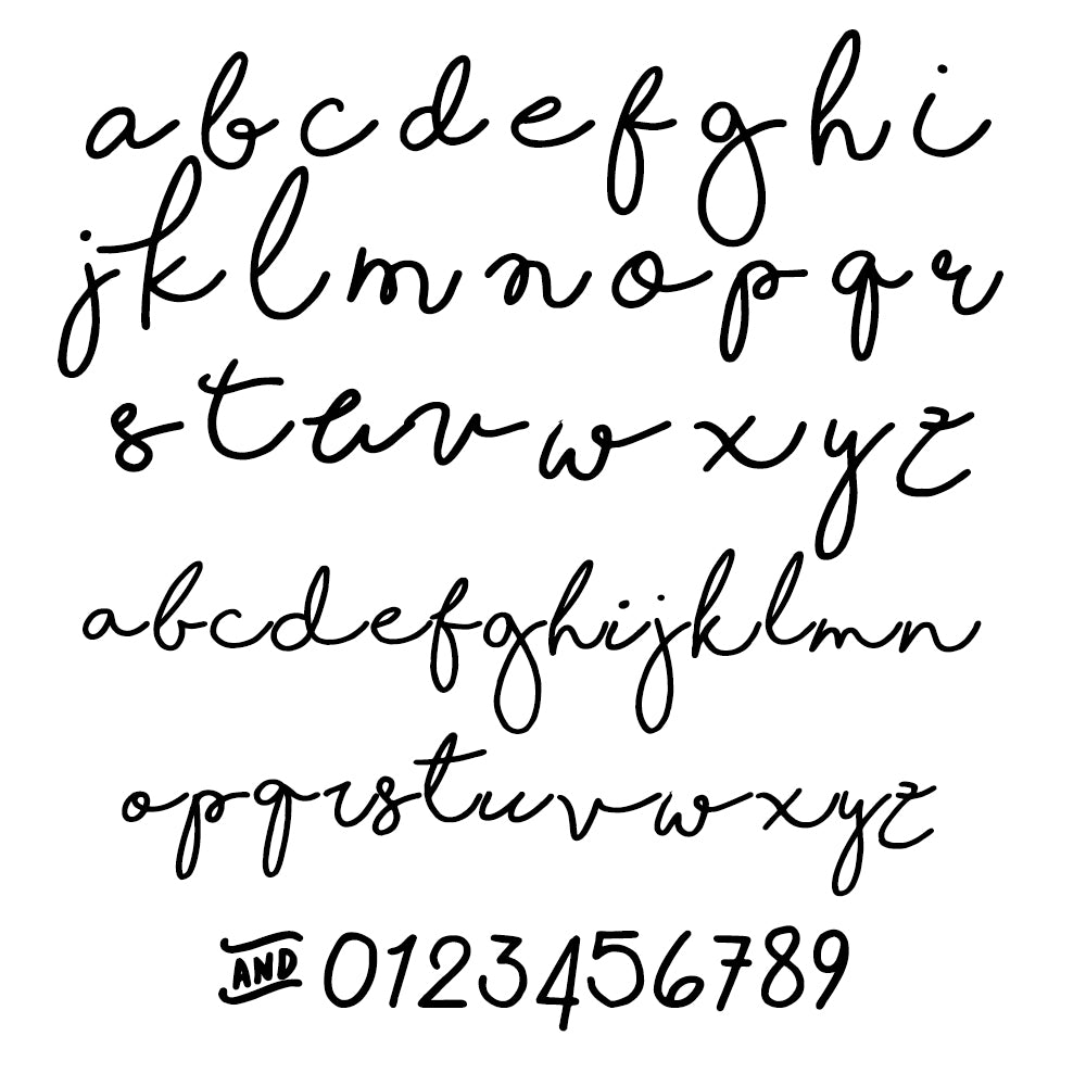 Cursive alphabet and numbers on a white background