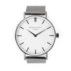 Silver watch with a white face on a white background
