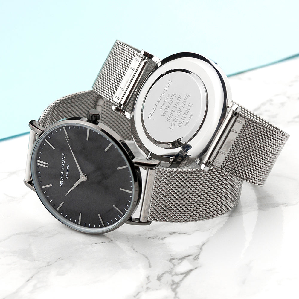 Mr Beaumont Personalised Men's Metallic Silver Watch With Black Face