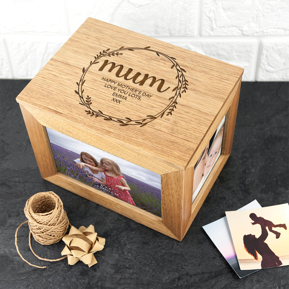 Personalised Wreath Mother's Day Midi Oak Photo Cube Keepsake Box