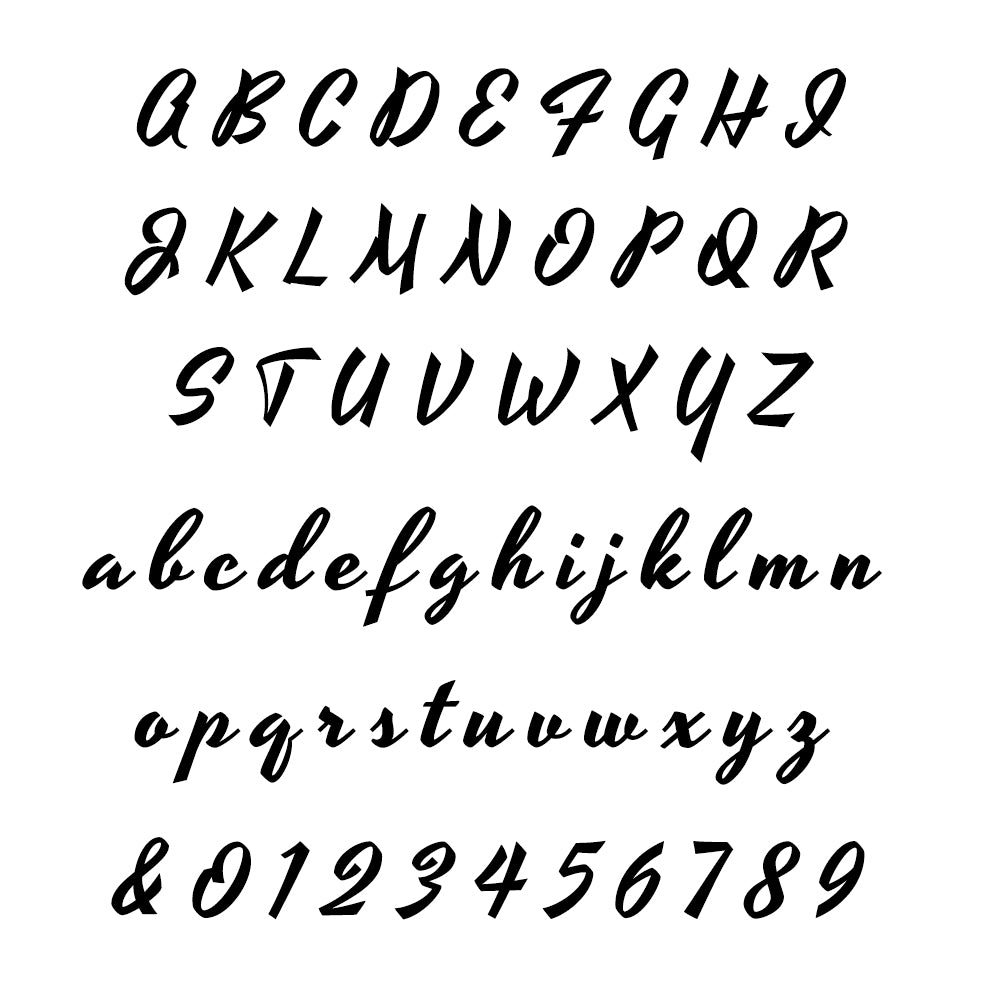 Black cursive alphabet and numbers on a white background