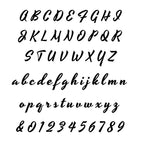 Black cursive alphabet and numbers on a white background