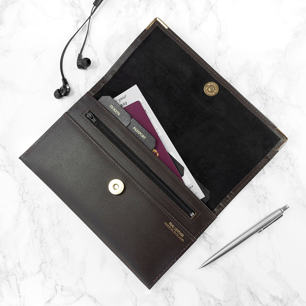 Black leather wallet with passport and cards on a white marble surface