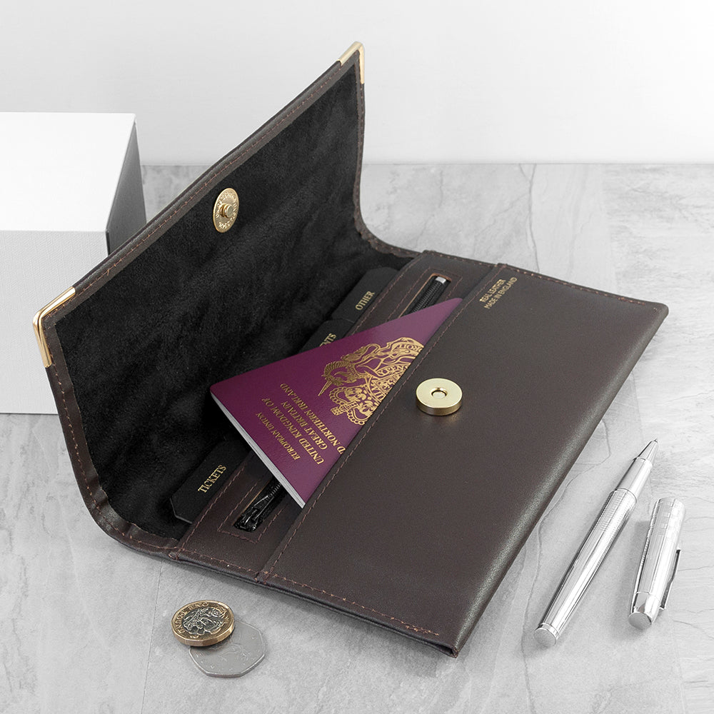 Brown leather wallet with gold buttons, containing a passport and coins, on a light gray surface.