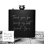 Black flask with 'Thank you for being my best friend - Jo x' text on a white background