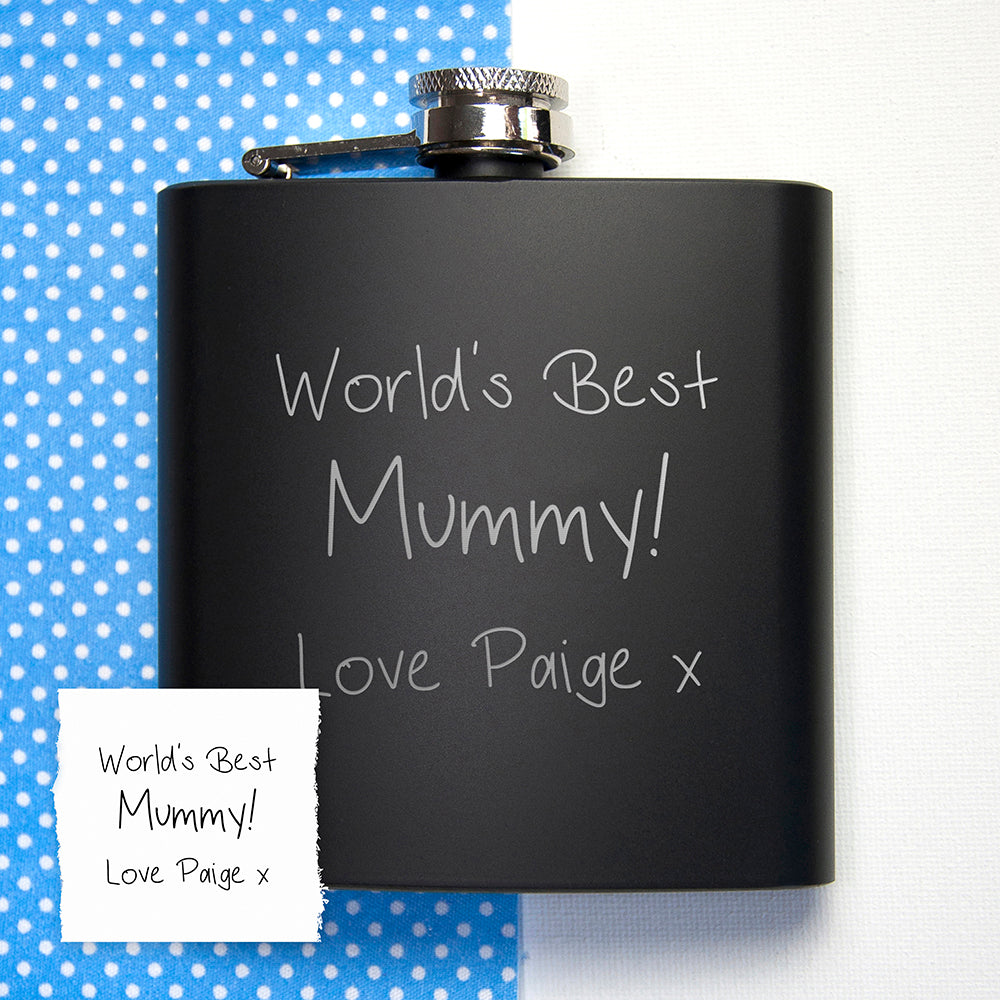Black flask with 'World's Best Mummy! Love Paige x' text on a blue polka dot background