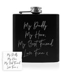 Black flask with engraved text on a white background