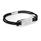 Black braided leather bracelet with silver tag on a white background