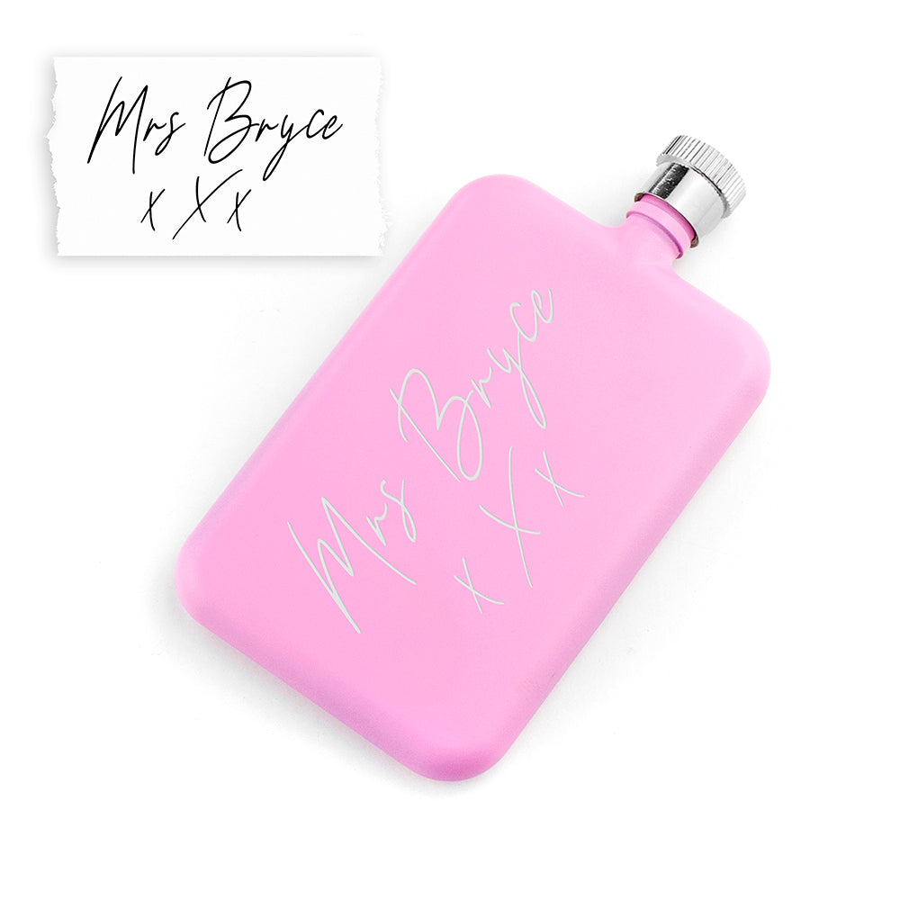 Pink flask with 'Mrs Bryce x X' text on a white background