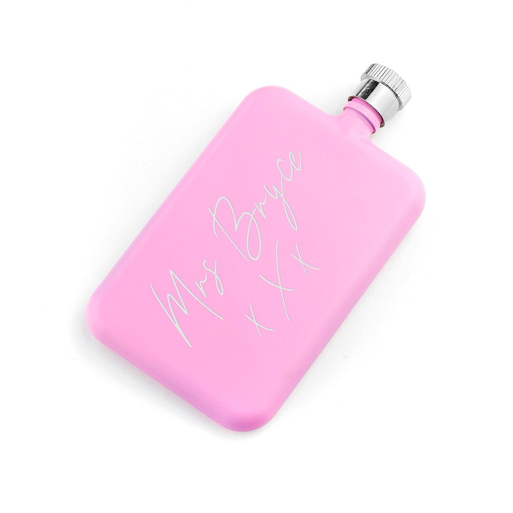 Pink flask with 'Miss Bryce XOXO' text on a white background