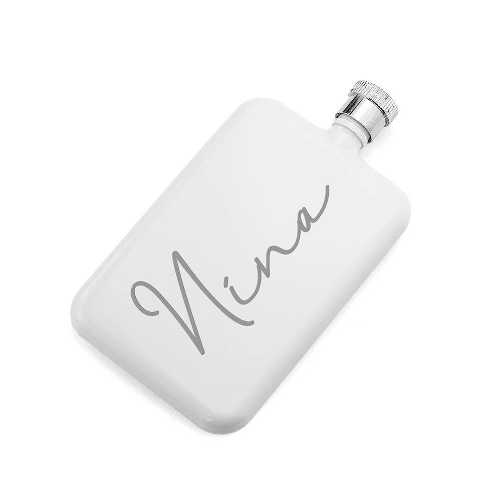 White flask with 'Nina' engraving on a white background